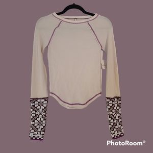 NWT Free People She's Reversible Cuff Thermal Tee Long Sleeve Oat/ Purple XS